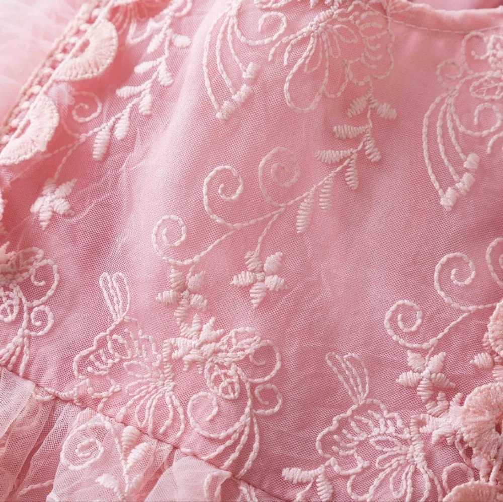 Elegant Girls Lace Tulle Fairy Floral Embroidered Ruffle‎ Trim Rear Zipper Dress